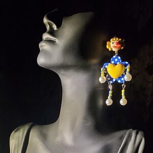 Colorful Yellow Hearts Blue White Polka Dots Clown Silver Earrings